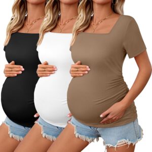 3 Pack Women's Maternity Shirts Square Neck Side Ruched Short Sleeve Maternity Tops Casual Knitted Pregnancy Tees