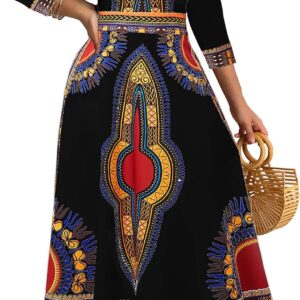 African Dresses for Women Elegant V Neck 3/4 Sleeve Casual Long Maxi African Attire Dress