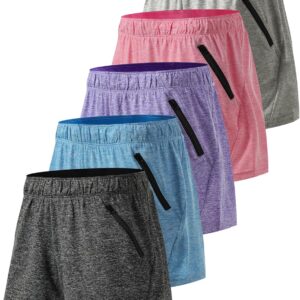 5 Pack: Womens Workout Gym Shorts Casual Lounge Set, Ladies Active Athletic Apparel with Zipper Pockets
