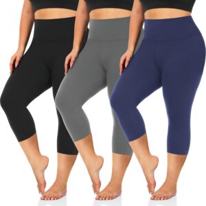 3 Pack Women's Plus Size Capri Leggings High Waist Tummy Control, Stretchy Yoga Workout Pants (XL-4X) - Spandex Elastic Fit