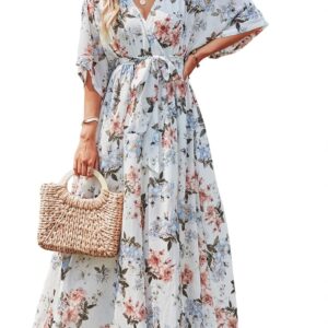 ANRABESS Women’s Summer Loose Boho Flowy Wrap V Neck 3/4 Sleeve Floral Print Slit Beach Wedding Guest Long Maxi Dresses