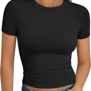 AUTOMET Womens Short Sleeve T Shirts Basic Summer 2025 Workout Tops Crew Neck Gym Crop Tops Trendy Y2K Clothes