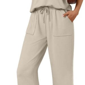 AUTOMET Women's 2 Piece Lounge Set Casual Cap Sleeve Top Wide Leg Pants Summer Vacation Outfits