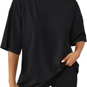 AUTOMET Womens 2 Piece Sets Summer Outfits 2025 Two Piece Lounge Set Matching Clothing Oversized Tshirts Biker Short Fashion