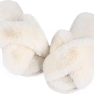 Ankis Womens Fuzzy Memory Foam Slippers Cross Band Cozy Plush Home Slippers Fluffy Furry Open Toe House Shoes Indoor Outdoor Slide Slipper