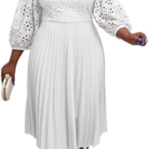 AOMEI Women's Elegant Lace Patchwork A-line Midi Pleated Hollow Out Lantern Sleeve Dress
