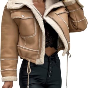 Beeuthios Women Oversized Sherpa Lined Leather Jacket Faux Suede Fleece Shearling Coat Biker Motorcycle Overcoat