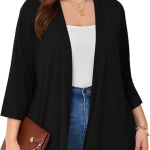 AusLook Women's Plus Size Lightweight Open Front Cardigan 3/4 Sleeve Cover Ups Shrugs Shawls and Wraps Kimono Jacket Coat