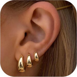 BESTEEL 3Pairs Gold Hoop Earrings Set for Women Chunky Gold Silver Earring 14K Gold Filled Hypoallergenic Small Huggie Hoops Lightweight Tiny Thick Trendy Hoop Earrings Stacks for Multiple Piercing