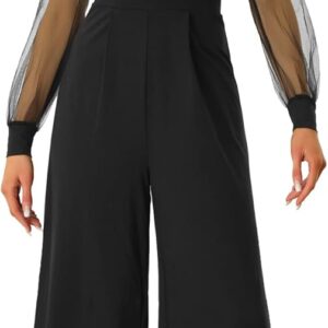 Allegra K Women's Elegant V Neck Mesh Long Sleeve Loose Wide Leg Romper Party Jumpsuits