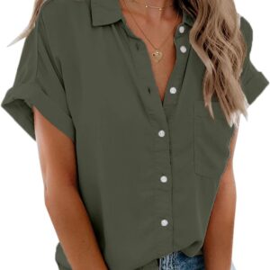 Beautife Womens Short Sleeve Shirts V Neck Collared Button Down Shirt Tops with Pockets