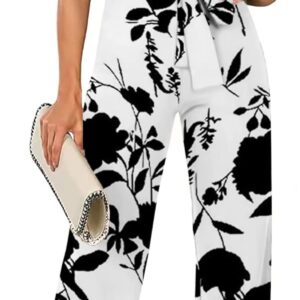 AUXDIO Womens Casual Short Sleeve Loose Crew Neck Belted Wide Leg Romper Jumpsuits