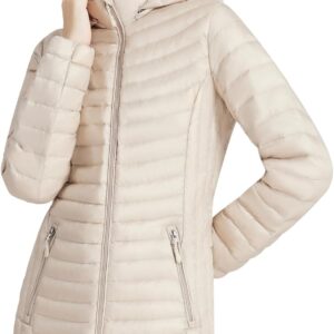 ANOTHER CHOICE Women Ultralightweight Down Coat, Winter Puffer Jacket with Detachable Hood Stretchy Panel Rollable
