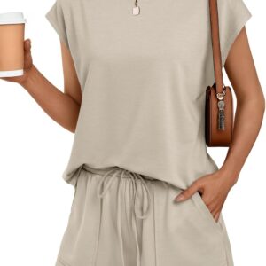AUTOMET Womens Crew Neck Two Piece short Sets Cap Sleeve Drawstring Summer Sweatsuit with Pocket