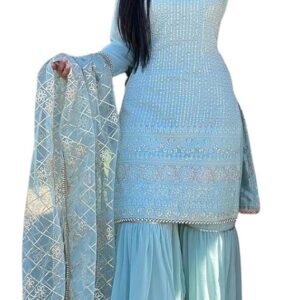 Beautiful Chinnon Punjabi Style Sharara Suit For Women Ready To Wear Salwar Kameez With Dupatta