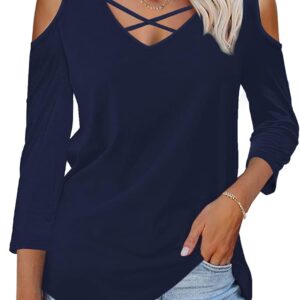 Amoretu Womens Summer Shirts 3/4 Long Sleeve V Neck Criss Cross Cold Shoulder Tops Blouse
