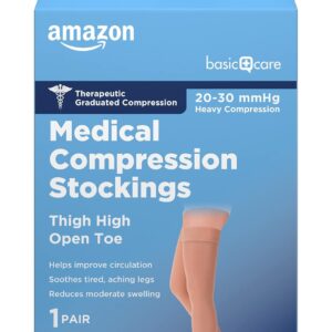 Amazon Basic Care Medical Compression Stockings, 20-30 mmHg Support, Women & Men Thigh Length Hose, Open Toe, Beige