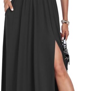 AUSELILY Women Maxi Dress 2025 Summer Short Sleeve Side Split Casual Long Dresses with Pockets