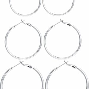 3 Pairs Sterling Silver Hoop Earrings, 14K White Gold Plated Big Hoop Earrings Set for Women 40 50 60MM