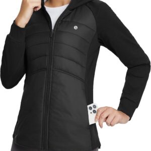 baleaf Women's Running Winter Jacket with Hood Warm Lightweight Insulated Hybrid Jackets Puffer Zip Pockets Hiking Skiing