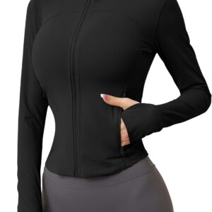AKEWEI Womens Zip Up Workout Jackets Lightweight Athletic Slim Fit Track Jacket with Inner and Outer Pockets and Thumb Holes
