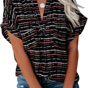 Allimy Women Summer Casual Split V Neckline Floral Chiffon Blouses Loose Tunic Short Sleeve Tops