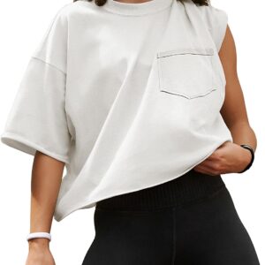 ATHMILE Womens Oversized T-Shirts Short Sleeve Workout Crop Tops Casual Drop Shoulder Boxy Roll Hem Basic Loose Tees