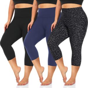 3 Pack Women's Plus Size Capri Leggings High Waist Tummy Control, Stretchy Yoga Workout Pants (XL-4X) - Spandex Elastic Fit