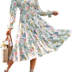 Amegoya Women's Boho Flowy Long Sleeve Square Neck Floral Midi Dress Smocked Spring Fall Wedding Guest Dresses
