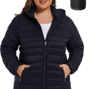 ANOTHER CHOICE Plus Size Packable Puffer Coat for Women, Light Weight Winter Jacket with Hood