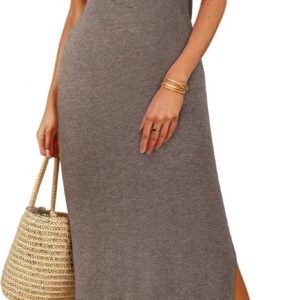 Arach&Cloz Womens Summer Casual Short Sleeve Crew Neck Wool Blend T Shirt Split Maxi Long Dress 2025