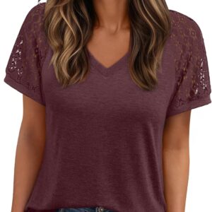 AUTOMET Womens Summer Short Sleeve T Shirt 2025 V Neck Tops Spring Vacation Lace Blouses Dressy Casual Fashion Clothes