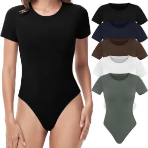 5 Pack Bodysuits for Women - Stretchy Bodysuit Womens Tops Round Neck Body Suit T Shirts for Women Going Out Tops