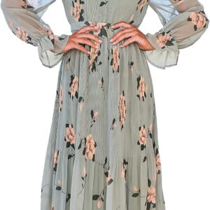 ANRABESS Women's Floral Midi Dress Puff Long Sleeve Casual Ruffle Chiffon A-Line Swing Pleated Belted Tea Party Dresses