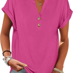 ANRABESS Womens Short Sleeve Henley Tops V Neck Dressy Casual Loose Fit Shirts Summer Flowy Blouses 2025 Trendy Clothes