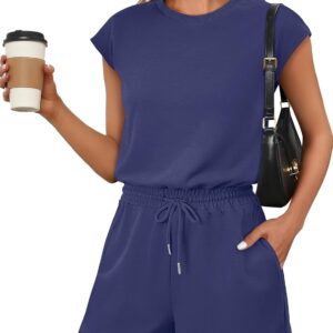ANRABESS Rompers for Women Summer 2025 Casual Cap Sleeve Crewneck Drawstring One Piece Jumpsuit Outfits with Pockets