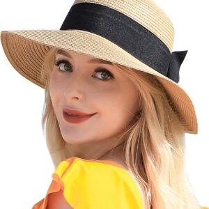 Beach Sun Straw Hats for Women, UPF 50+ UV Sun Protection Wide Brim Summer Straw Hat Foldable Packable Roll up Cap