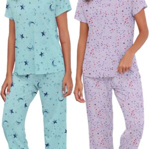 American Trends 2 Pack Cotton Pajamas for Women Set Two Piece Short Sleeve Sleepwear Tops with Capri Pants Summer Pj Set