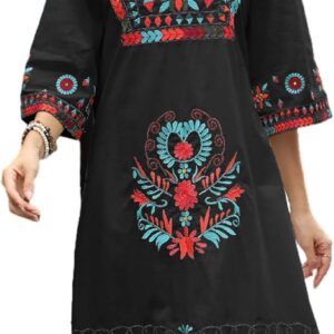 AK Traditional Mexican Dress for Women Floral Embroidered 3/4 Sleeve Boho Dress Summer Fiesta Dresses, 60's Vintage Clothing