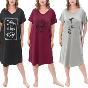 3 Pack Plus Size Women's Nightgown Soft Print Nightshirts for Women Short Sleeve Sleepwear