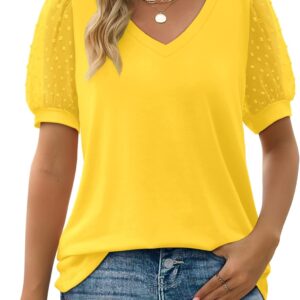 Aokosor Womens Summer Tops V Neck T Shirts Swiss Dot Puff Sleeve Tops Loose Casual Tshirts