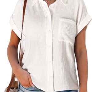 Astylish Women Summer Tops Cotton Short Sleeve Shirt V Neck Button Down Blouse Tunic Tops