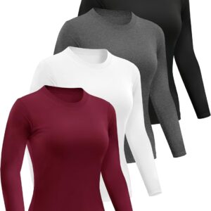 4 Pack Women’s Long Sleeve Basic Shirts Crew Neck Slim Fitted Compression Gym Workout Athletic Underscrubs Tops