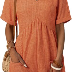 AlvaQ Womens Summer Short Sleeve V Neck High Waist Zipper Romper with Pockets