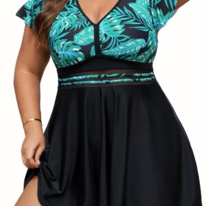 Arolina Women's Plus Size Tankini Swimsuits Swim Dress Mesh Bathing Suits Two Piece Ruffle V Neck Swimwear with Swim Shorts