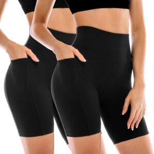 2 Pack Womens Biker Shorts with Pockets, High Waisted Tummy Control Yoga Shorts for Women Running Gym and Workout