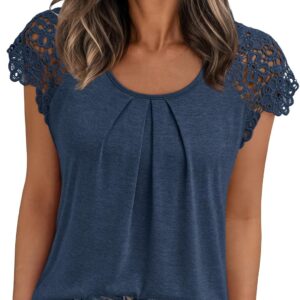 AUTOMET Womens Lace Tops Pleated Short Sleeve Shirts Summer Business Casual Dressy Blouses