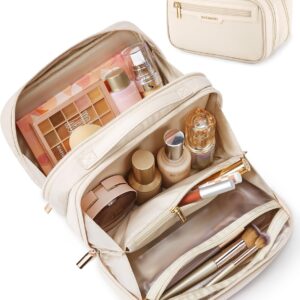 BAGSMART Travel Makeup Bag, Portable Make Up Bag, Wide-open Makeup Organizer Cosmetic Bags for Women for Travel Essentials Travel-Size Toiletries Accessories Bottles, Brushes (Beige)