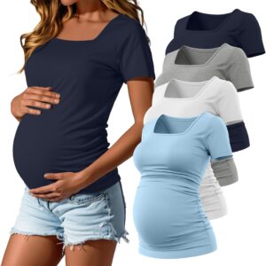 Baggyfly 4 Pack Women's Maternity Shirts Square Neck Pregnancy Tops Side Ruched Short Sleeve Tees Cotton Knit Mama Clothes