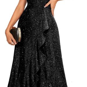 BeryLove Women Sequin Formal Party Dress Flutter Short Sleeve Wedding Cocktail Long Evening Dress